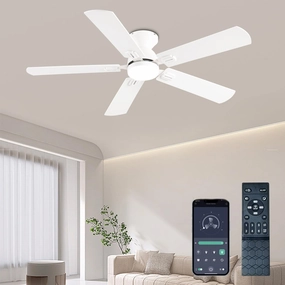 Ceiling Fans with Lights, 52 Inch Low Profile Ceiling Fan with Light and Remote, Flush Mount Ceiling Fan, 3CCT, Dimmable, Noiseless, Ceiling Light Fan for Bedroom, Indoor/Outdoor Use,White App-controlled remote fan for convenience