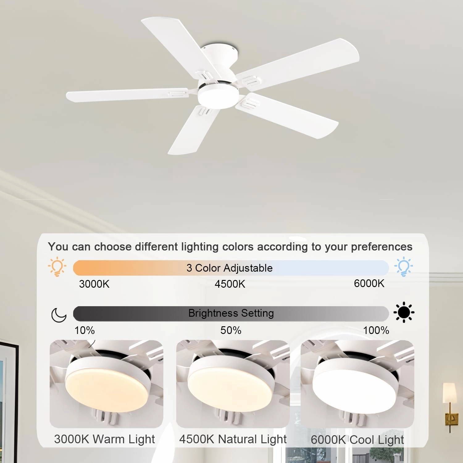 Ceiling Fans with Lights, 52 Inch Low Profile Ceiling Fan with Light and Remote, Flush Mount Ceiling Fan, 3CCT, Dimmable, Noiseless, Ceiling Light Fan for Bedroom, Indoor/Outdoor Use,White