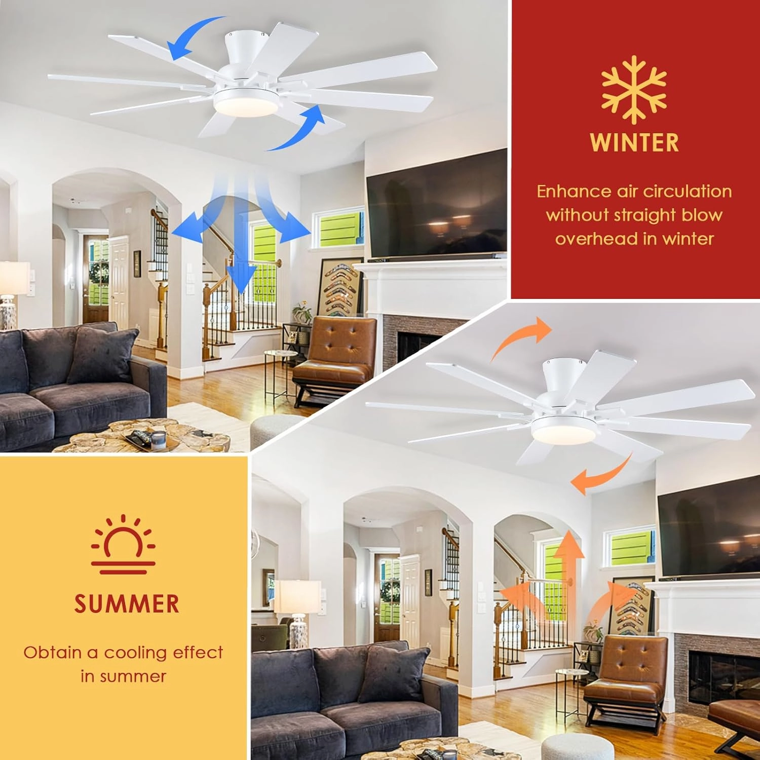 Ceiling Fans with Lights- 52" Low Profile Indoor Ceiling Fan with Light and Remote/APP Control, 8 Blade,Flush Mount, LED Dimmable DC Reversible Modern Ceiling Fan for BedroomWhite