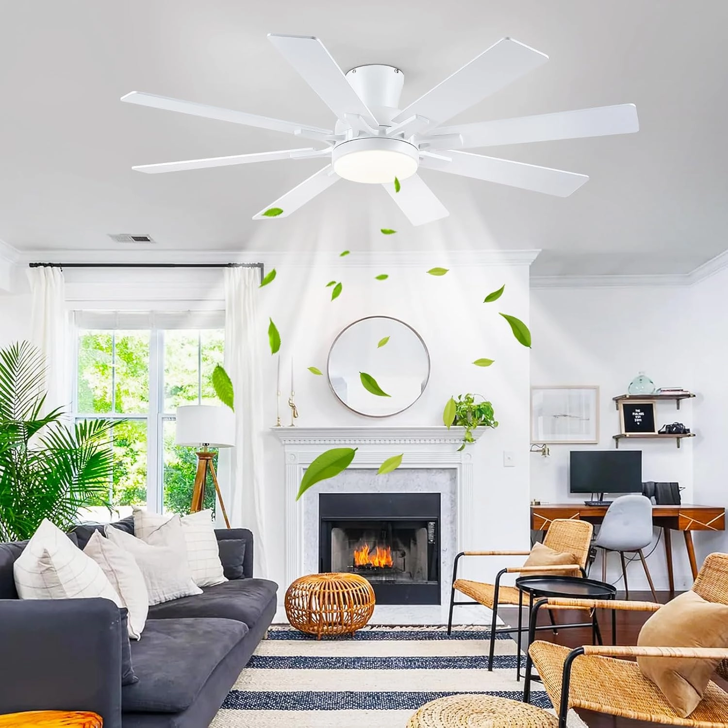 Ceiling Fans with Lights- 52" Low Profile Indoor Ceiling Fan with Light and Remote/APP Control, 8 Blade,Flush Mount, LED Dimmable DC Reversible Modern Ceiling Fan for BedroomWhite