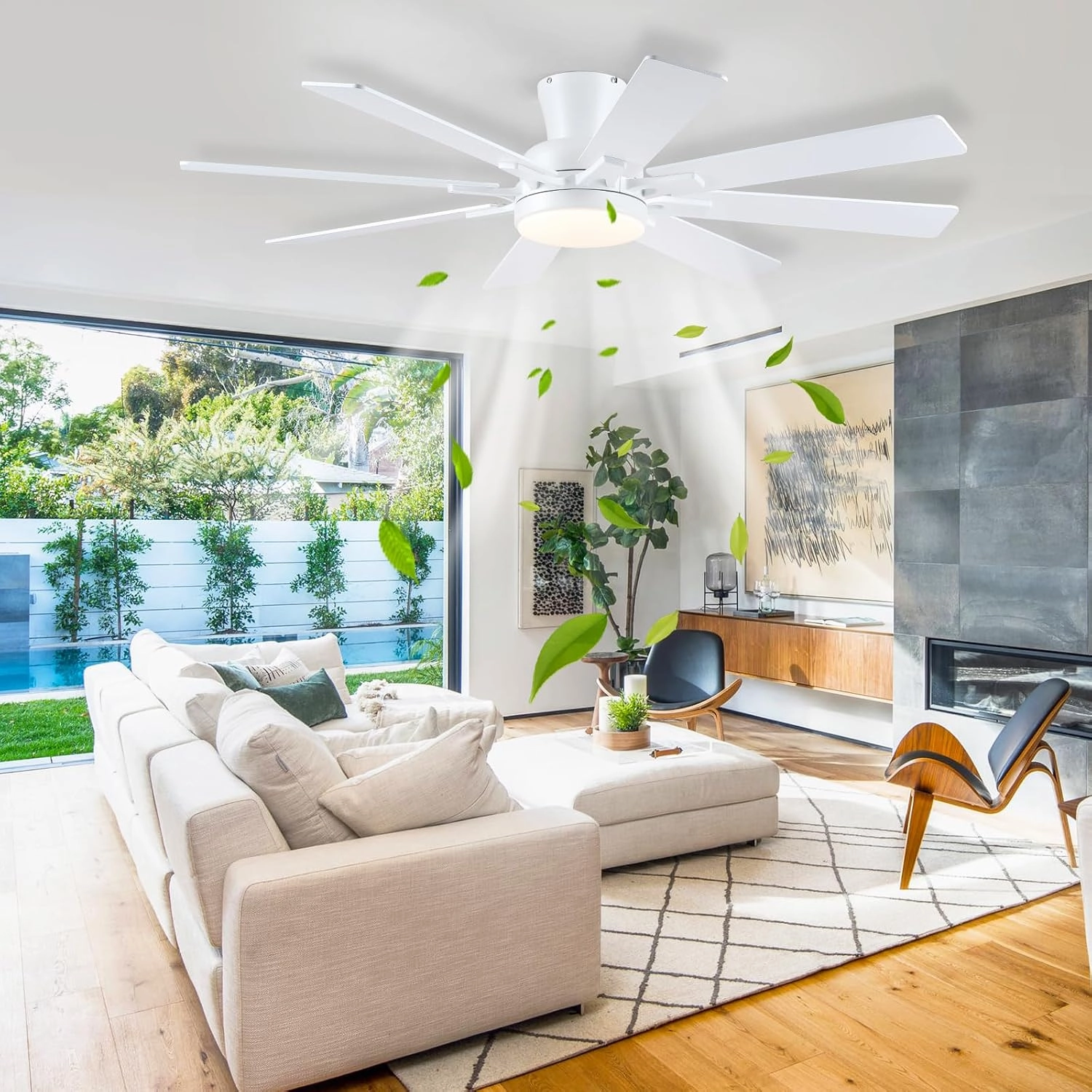 Ceiling Fans with Lights- 52" Low Profile Indoor Ceiling Fan with Light and Remote/APP Control, 8 Blade,Flush Mount, LED Dimmable DC Reversible Modern Ceiling Fan for BedroomWhite