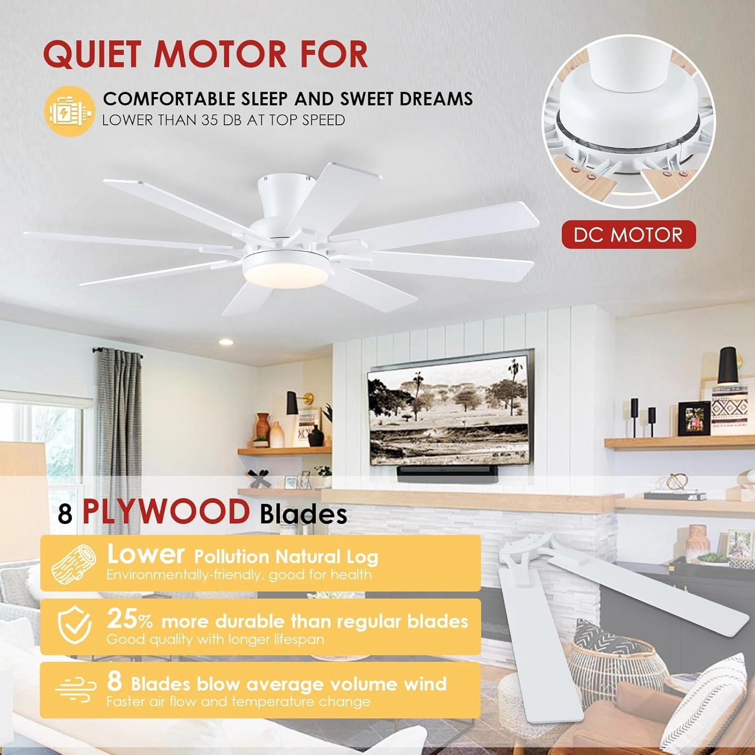 Ceiling Fans with Lights- 52" Low Profile Indoor Ceiling Fan with Light and Remote/APP Control, 8 Blade,Flush Mount, LED Dimmable DC Reversible Modern Ceiling Fan for BedroomWhite