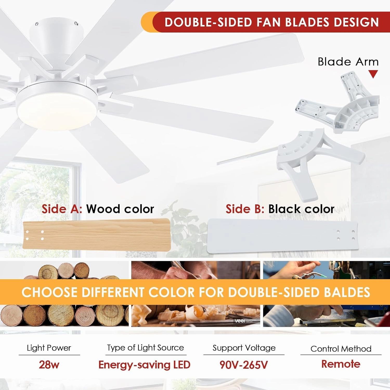 Ceiling Fans with Lights- 52" Low Profile Indoor Ceiling Fan with Light and Remote/APP Control, 8 Blade,Flush Mount, LED Dimmable DC Reversible Modern Ceiling Fan for BedroomWhite
