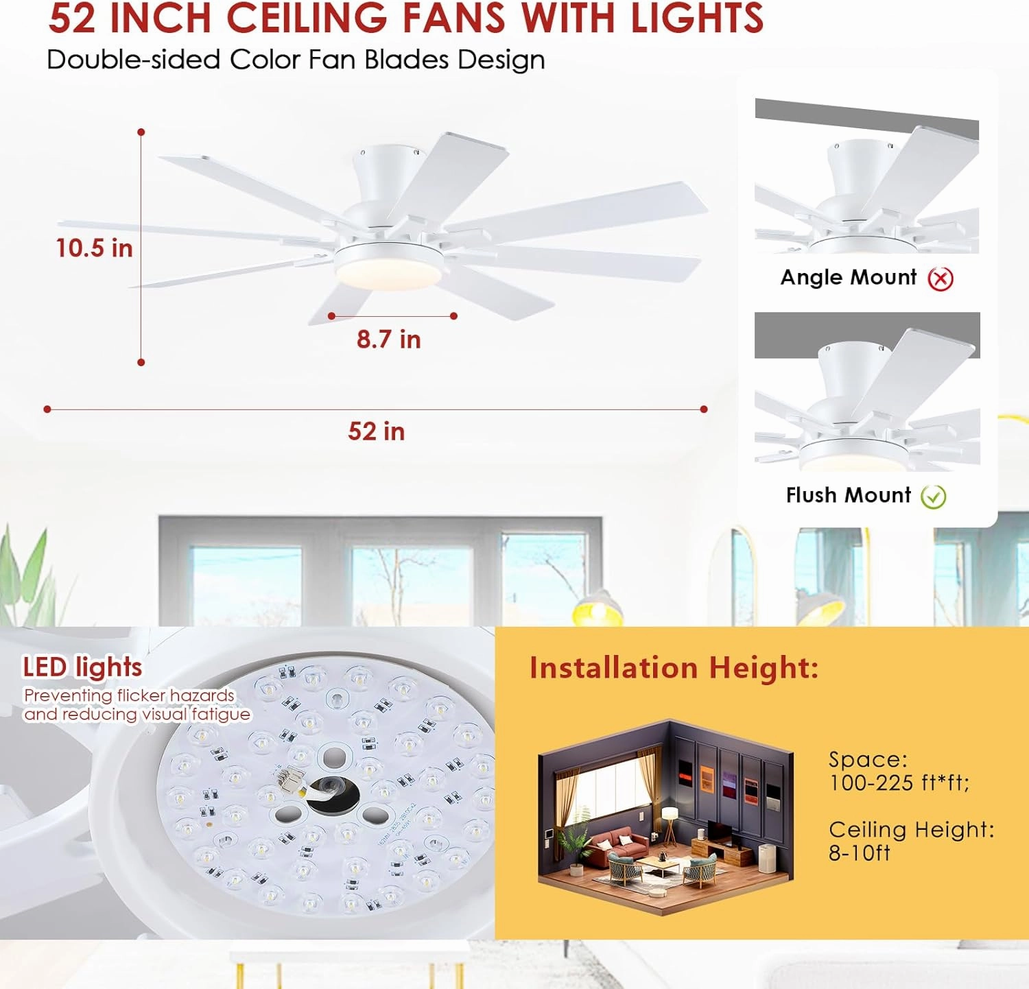 Ceiling Fans with Lights- 52" Low Profile Indoor Ceiling Fan with Light and Remote/APP Control, 8 Blade,Flush Mount, LED Dimmable DC Reversible Modern Ceiling Fan for BedroomWhite