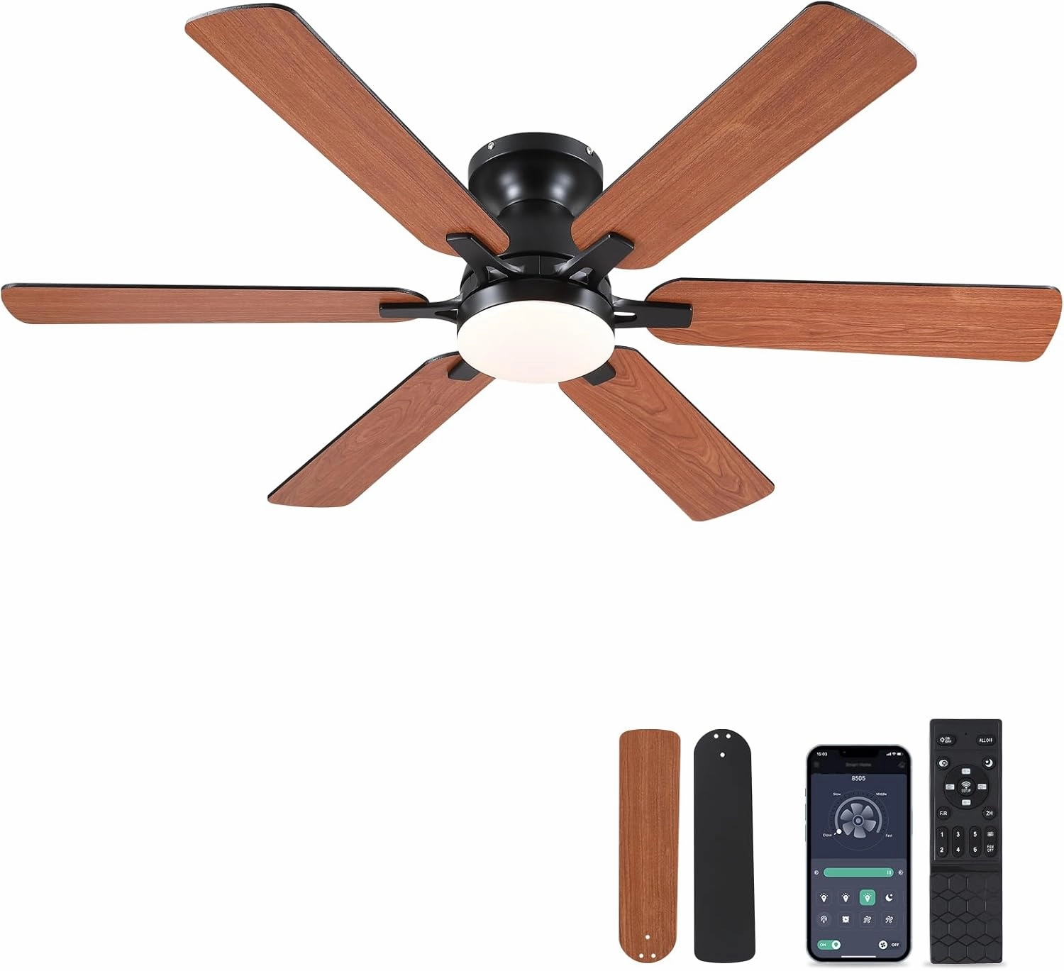 Ceiling Fans with Lights- 52" Low Profile Indoor Ceiling Fan with Light and Remote/APP Control, Flush Mount, 6 Blade, LED Dimmable DC Reversible Modern Ceiling Fan for BedroomBrown App-controlled remote fan for convenience