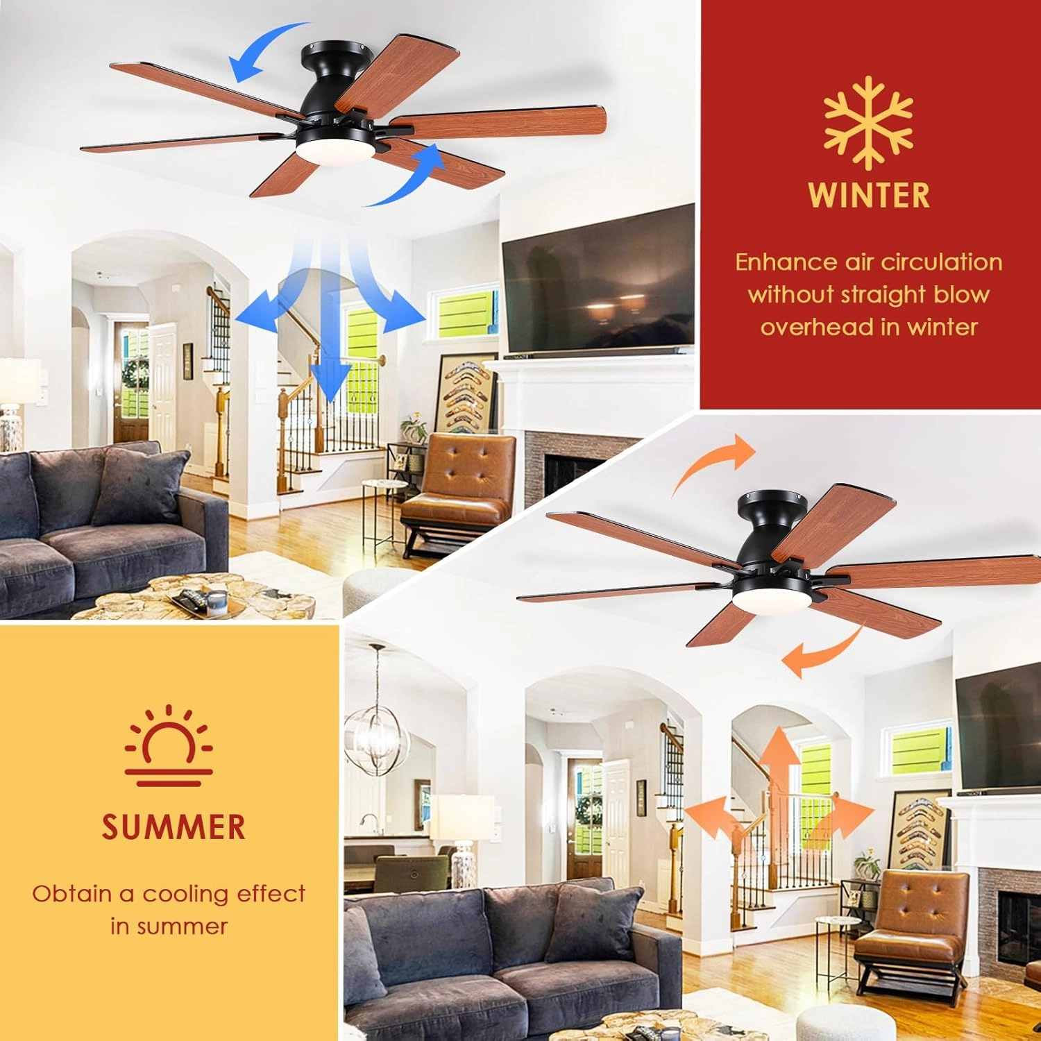 Ceiling Fans with Lights- 52" Low Profile Indoor Ceiling Fan with Light and Remote/APP Control, Flush Mount, 6 Blade, LED Dimmable DC Reversible Modern Ceiling Fan for BedroomBrown