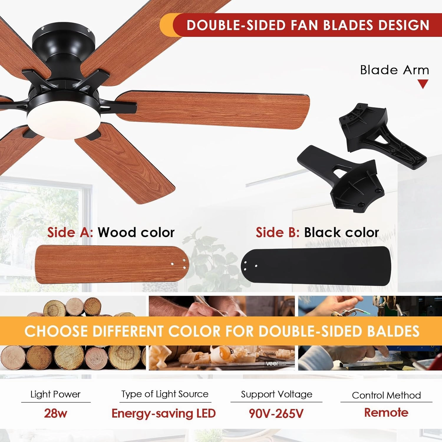 Ceiling Fans with Lights- 52" Low Profile Indoor Ceiling Fan with Light and Remote/APP Control, Flush Mount, 6 Blade, LED Dimmable DC Reversible Modern Ceiling Fan for BedroomBrown