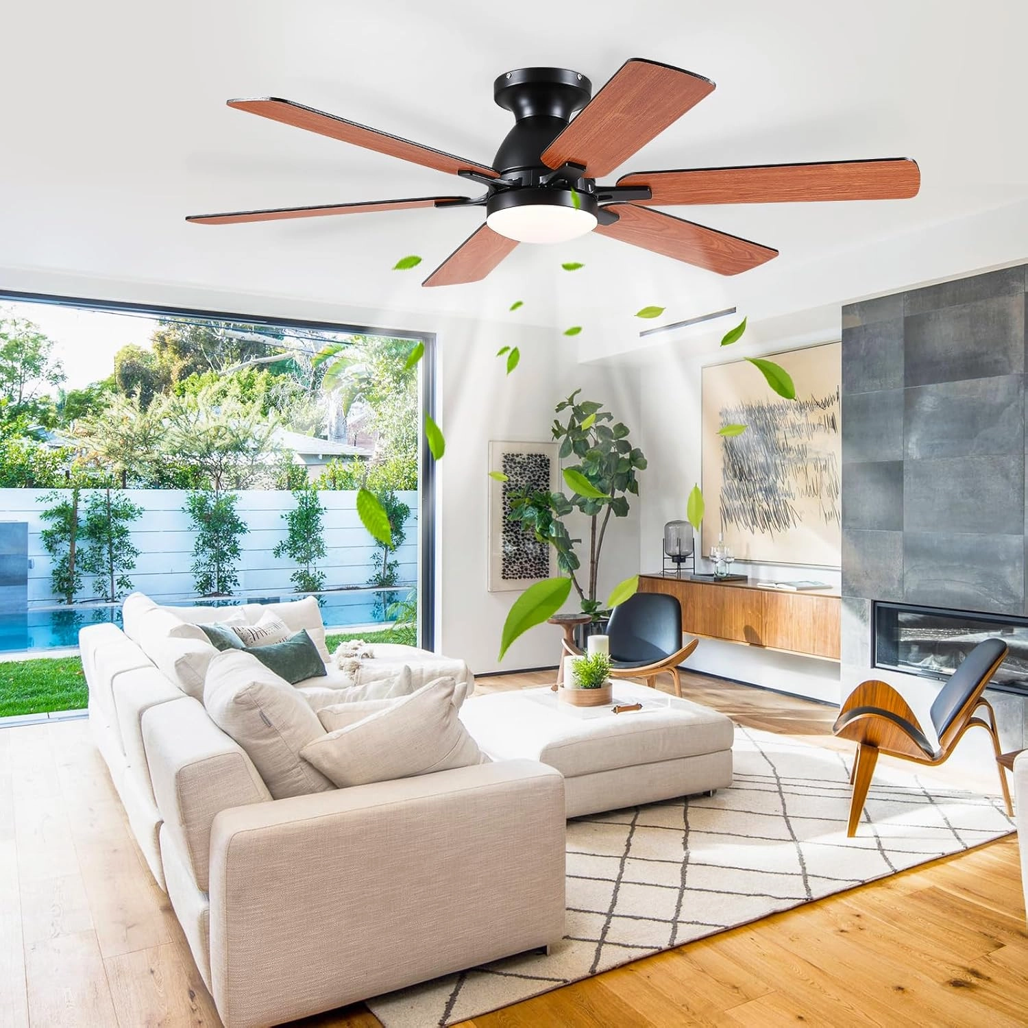Ceiling Fans with Lights- 52" Low Profile Indoor Ceiling Fan with Light and Remote/APP Control, Flush Mount, 6 Blade, LED Dimmable DC Reversible Modern Ceiling Fan for BedroomBrown