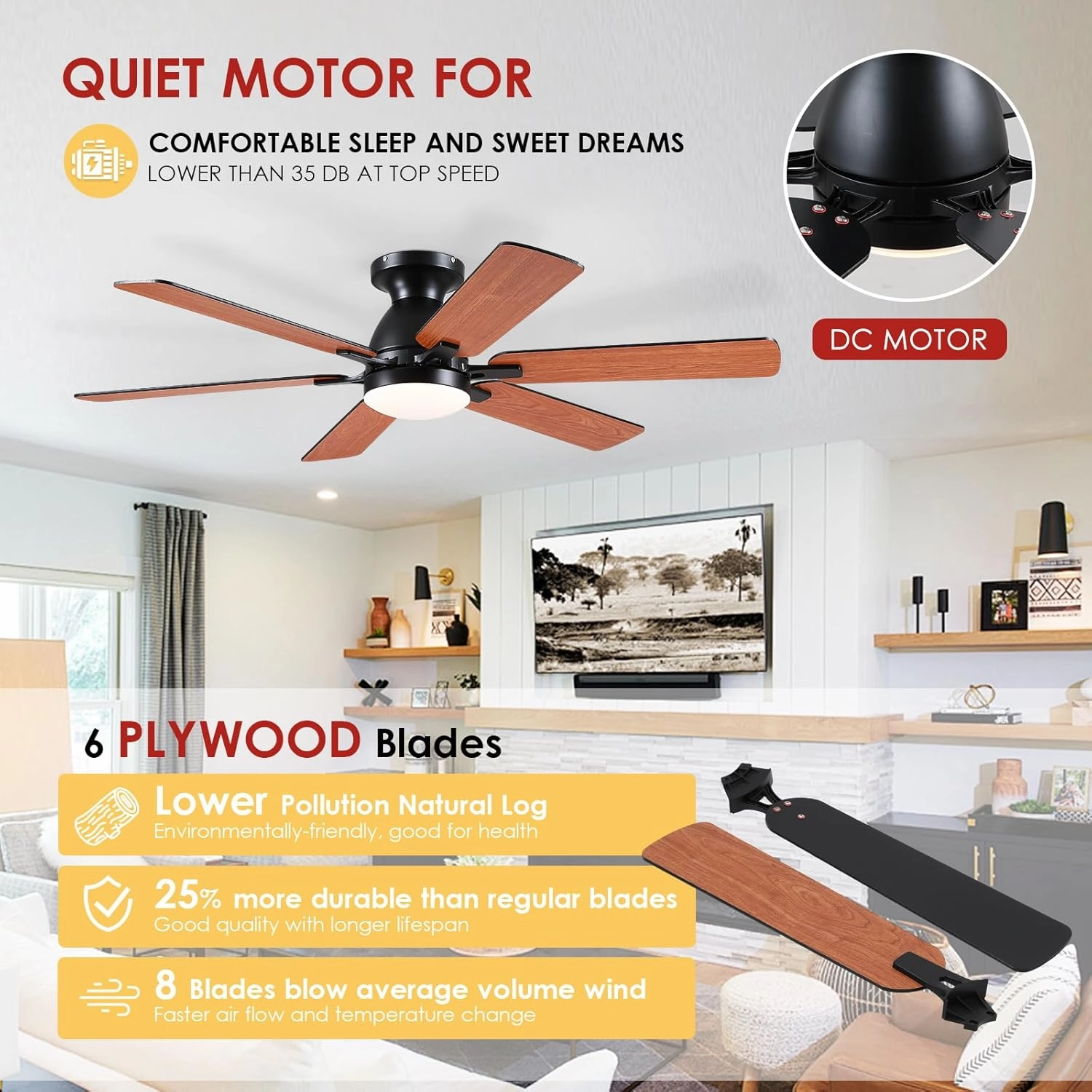 Ceiling Fans with Lights- 52" Low Profile Indoor Ceiling Fan with Light and Remote/APP Control, Flush Mount, 6 Blade, LED Dimmable DC Reversible Modern Ceiling Fan for BedroomBrown
