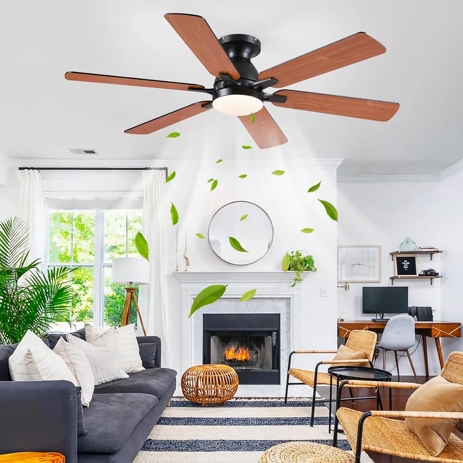 Ceiling Fans with Lights- 52" Low Profile Indoor Ceiling Fan with Light and Remote/APP Control, Flush Mount, 6 Blade, LED Dimmable DC Reversible Modern Ceiling Fan for BedroomBrown