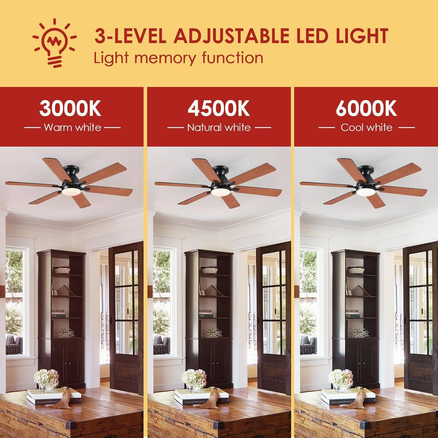 Ceiling Fans with Lights- 52" Low Profile Indoor Ceiling Fan with Light and Remote/APP Control, Flush Mount, 6 Blade, LED Dimmable DC Reversible Modern Ceiling Fan for BedroomBrown