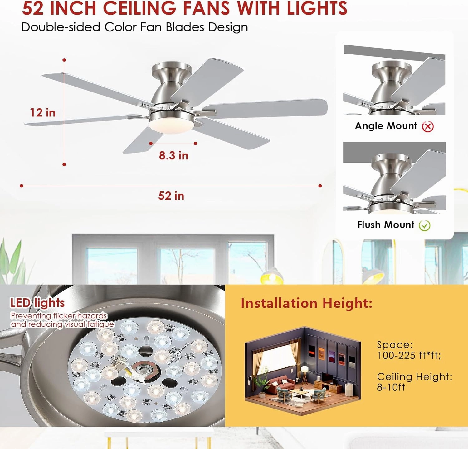 Ceiling Fans with Lights- 52" Low Profile Indoor Ceiling Fan with Light and Remote/APP Control, Flush Mount, 6 Blade, LED Dimmable DC Reversible Modern Ceiling Fan for BedroomBrushed Nickel