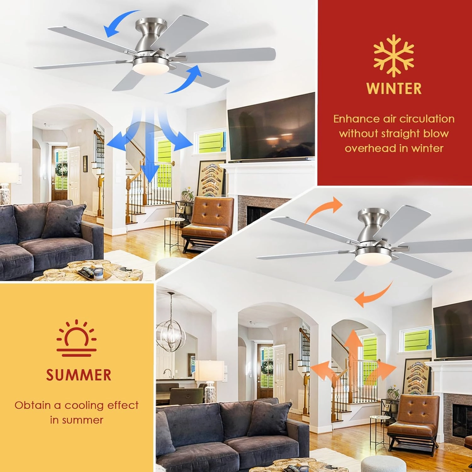 Ceiling Fans with Lights- 52" Low Profile Indoor Ceiling Fan with Light and Remote/APP Control, Flush Mount, 6 Blade, LED Dimmable DC Reversible Modern Ceiling Fan for BedroomBrushed Nickel