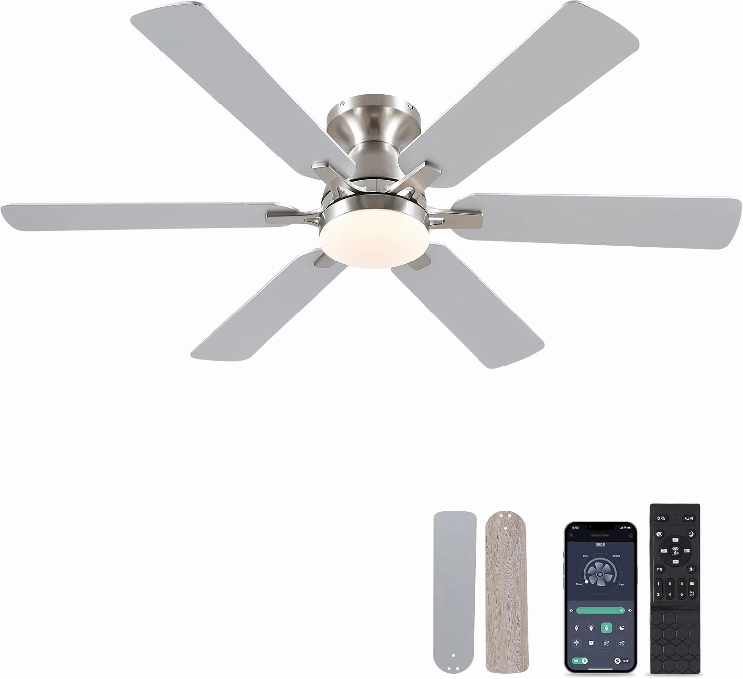 Ceiling Fans with Lights- 52" Low Profile Indoor Ceiling Fan with Light and Remote/APP Control, Flush Mount, 6 Blade, LED Dimmable DC Reversible Modern Ceiling Fan for BedroomBrushed Nickel App-controlled remote fan for convenience