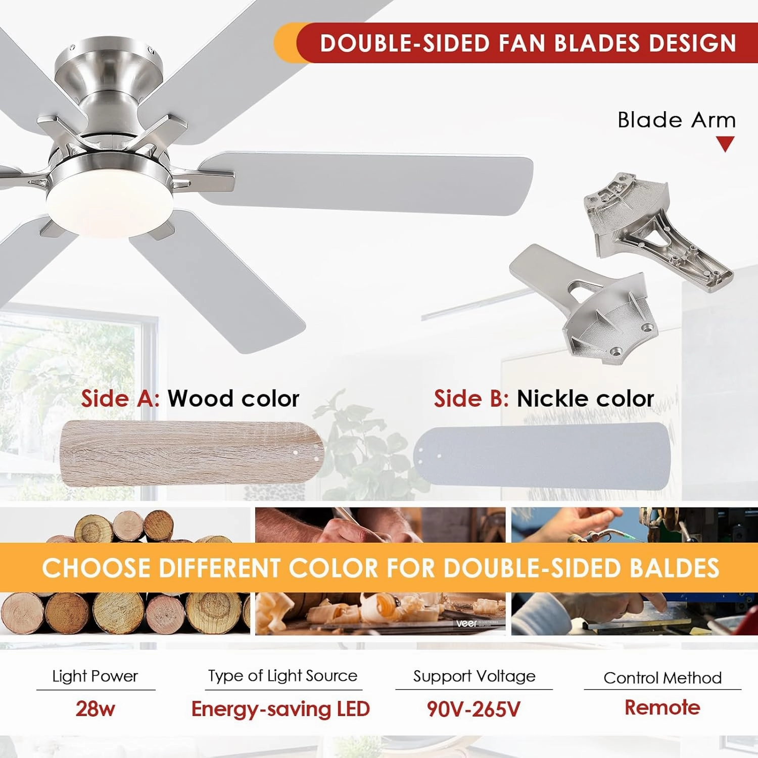 Ceiling Fans with Lights- 52" Low Profile Indoor Ceiling Fan with Light and Remote/APP Control, Flush Mount, 6 Blade, LED Dimmable DC Reversible Modern Ceiling Fan for BedroomBrushed Nickel