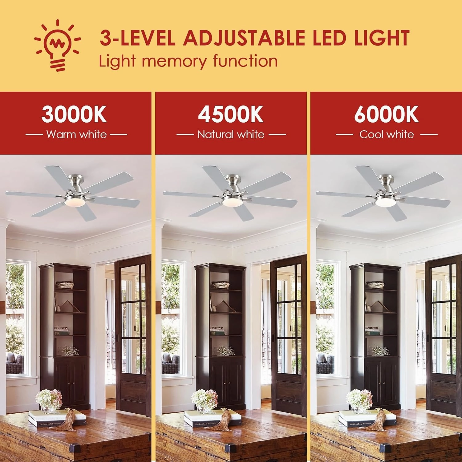 Ceiling Fans with Lights- 52" Low Profile Indoor Ceiling Fan with Light and Remote/APP Control, Flush Mount, 6 Blade, LED Dimmable DC Reversible Modern Ceiling Fan for BedroomBrushed Nickel