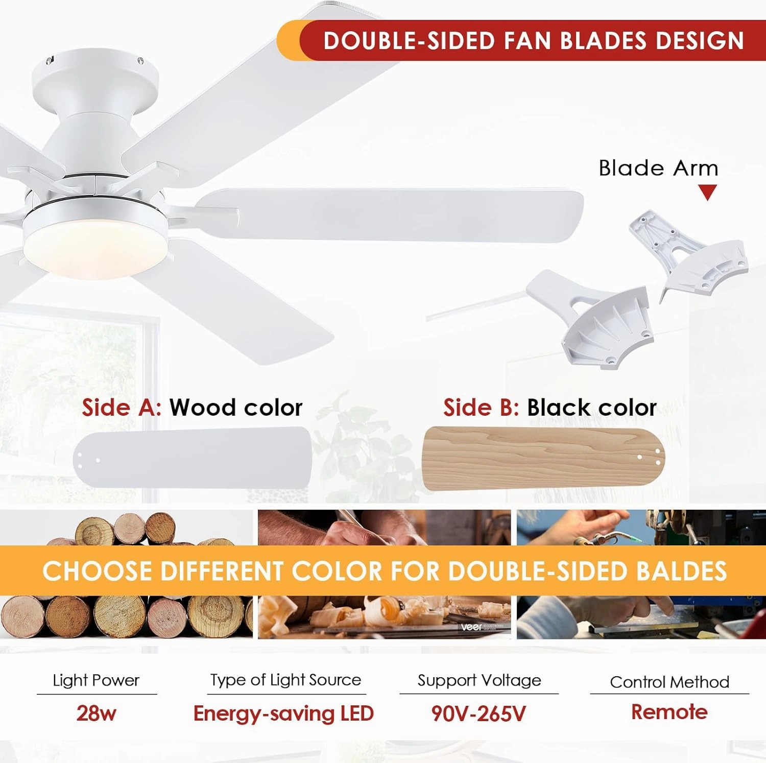 Ceiling Fans with Lights- 52" Low Profile Indoor Ceiling Fan with Light and Remote/APP Control, Flush Mount, 6 Blade, LED Dimmable DC Reversible Modern Ceiling Fan for BedroomWhite