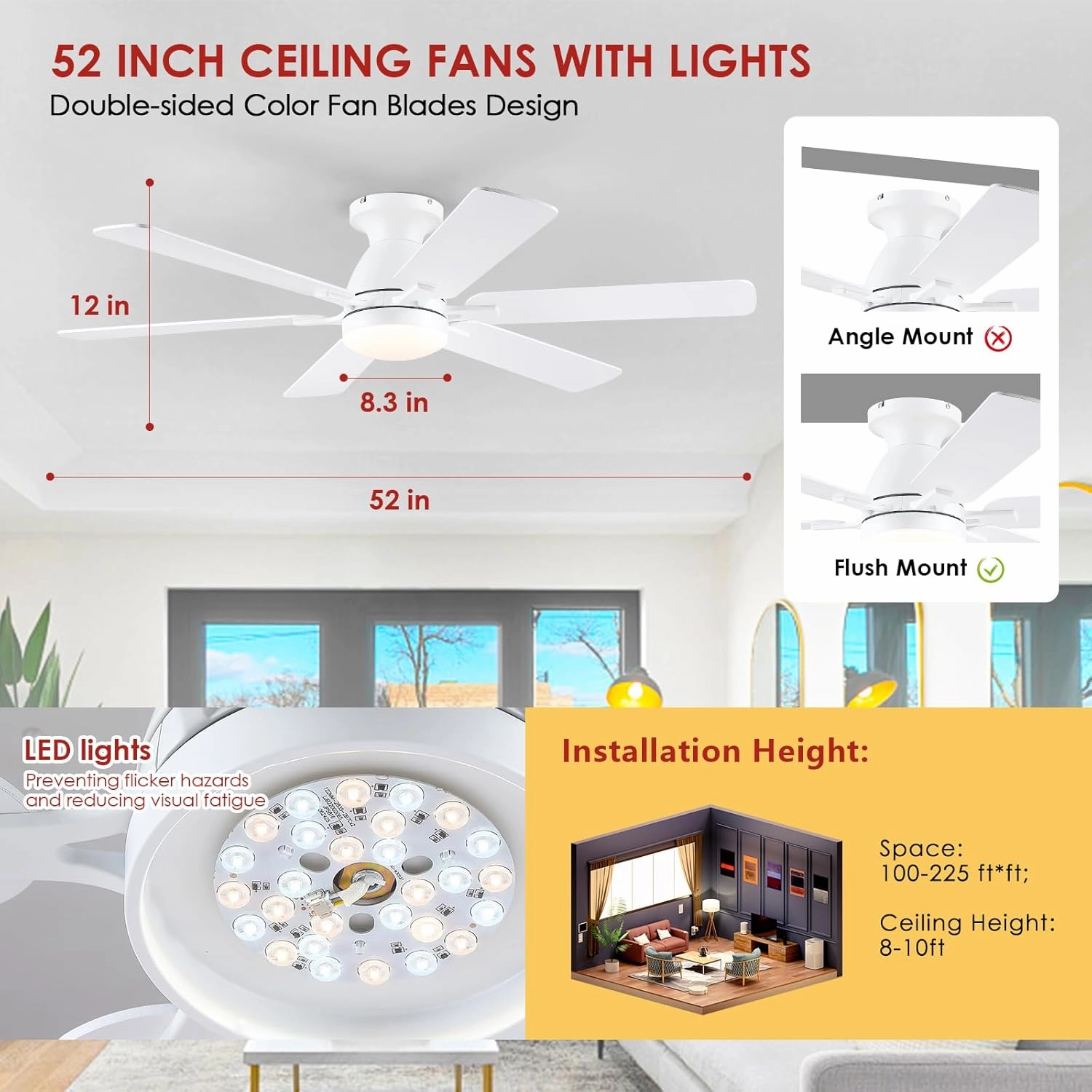 Ceiling Fans with Lights- 52" Low Profile Indoor Ceiling Fan with Light and Remote/APP Control, Flush Mount, 6 Blade, LED Dimmable DC Reversible Modern Ceiling Fan for BedroomWhite