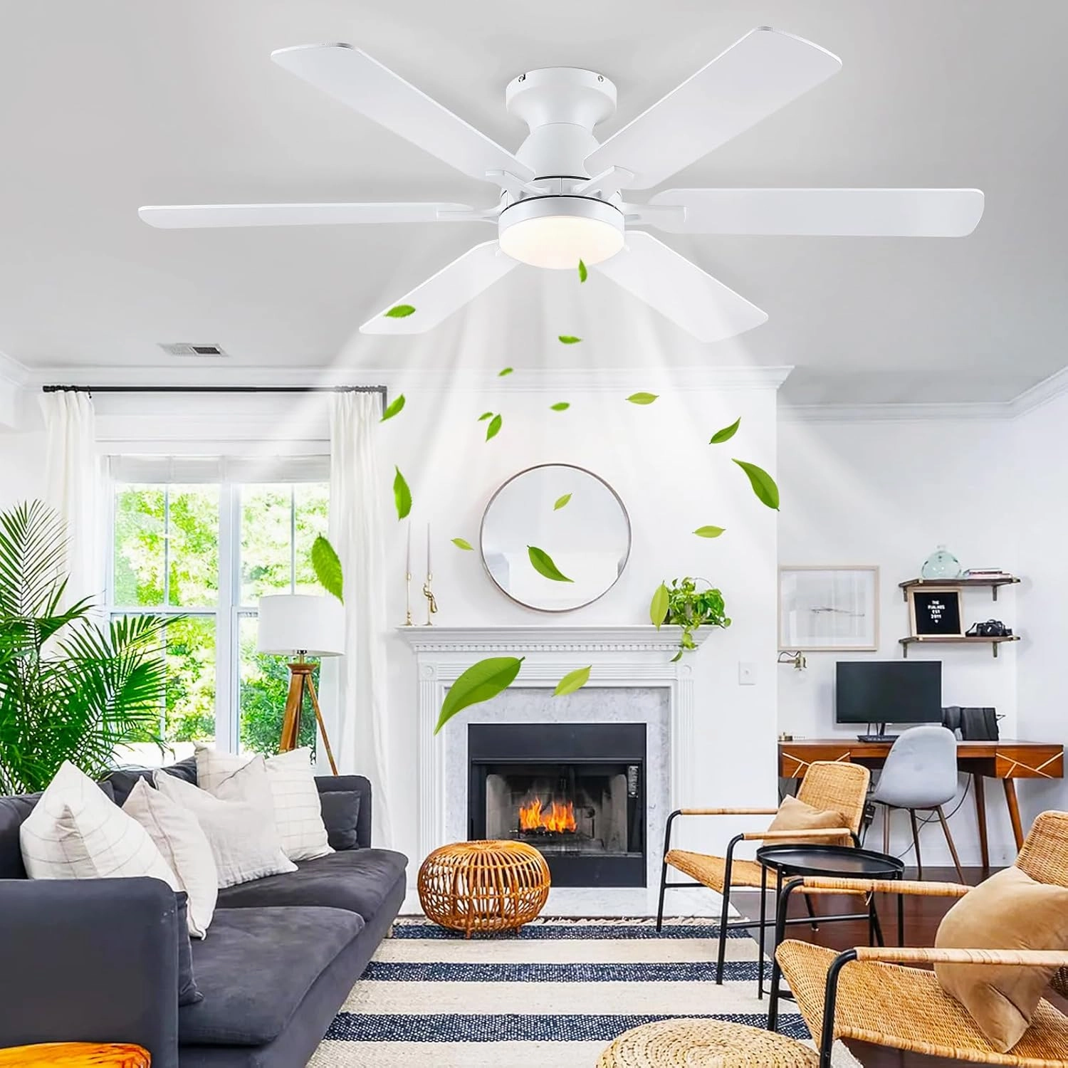 Ceiling Fans with Lights- 52" Low Profile Indoor Ceiling Fan with Light and Remote/APP Control, Flush Mount, 6 Blade, LED Dimmable DC Reversible Modern Ceiling Fan for BedroomWhite