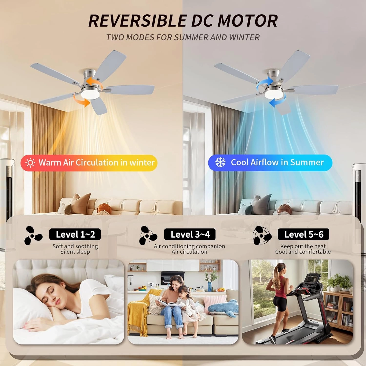 Ceiling Fans with Lights, 54inch RGB Low Profile Ceiling Fan with Light and Remote/App Control, Flush Mount, Dimmable, Reversible DC Motor, Noiseless, 6 Speeds Nickel Ceiling Fan for Bedroom