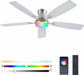 Ceiling Fans with Lights, 54inch RGB Low Profile Ceiling Fan with Light and Remote/App Control, Flush Mount, Dimmable, Reversible DC Motor, Noiseless, 6 Speeds Nickel Ceiling Fan for Bedroom App-controlled remote fan for convenience