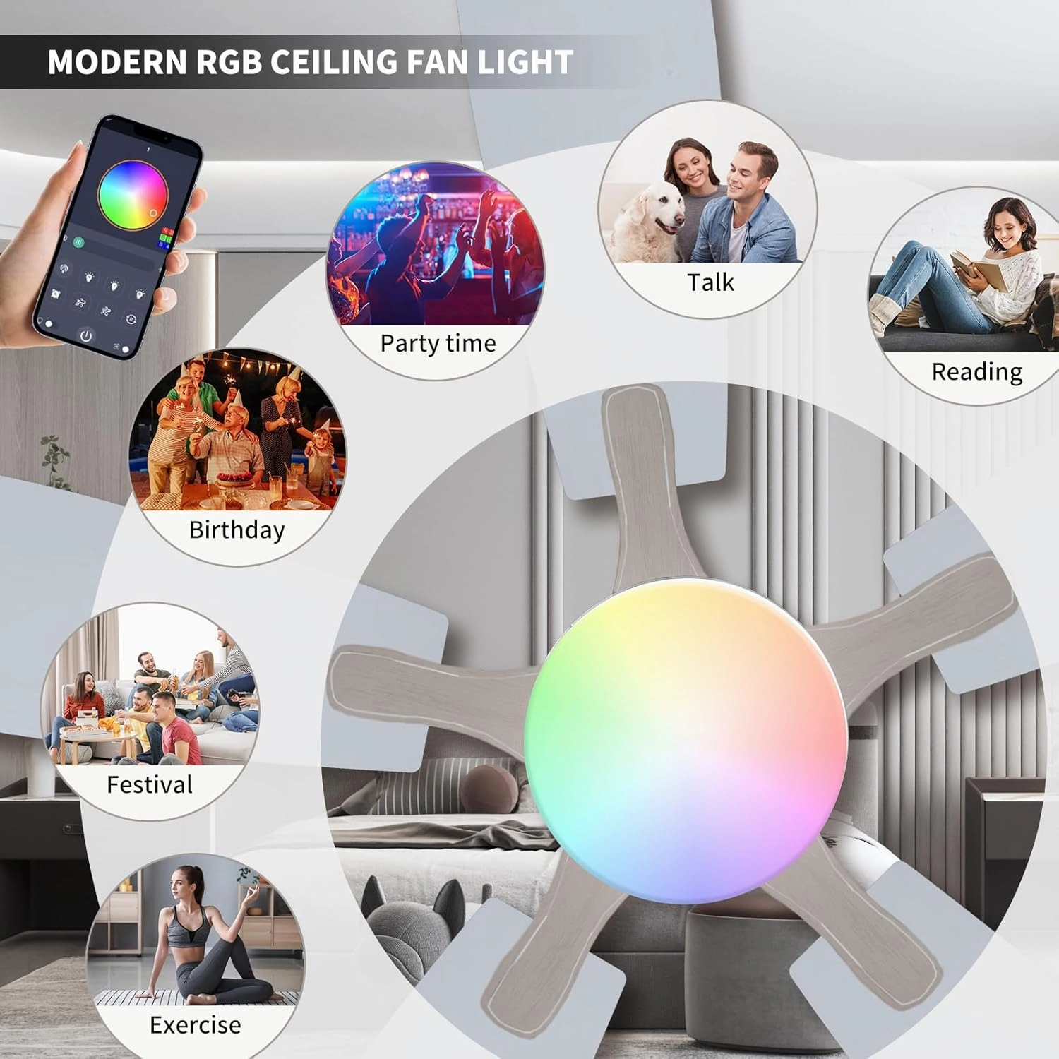 Ceiling Fans with Lights, 54inch RGB Low Profile Ceiling Fan with Light and Remote/App Control, Flush Mount, Dimmable, Reversible DC Motor, Noiseless, 6 Speeds Nickel Ceiling Fan for Bedroom