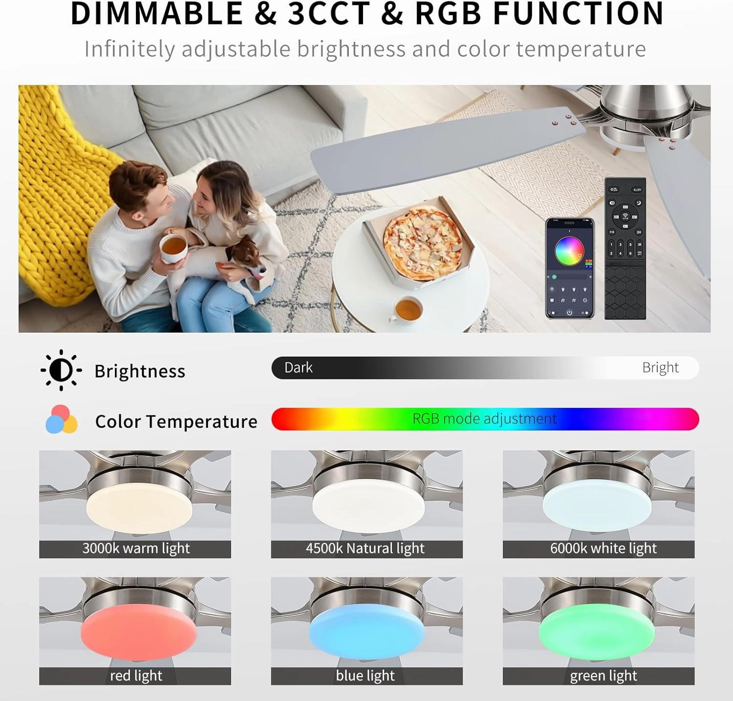Ceiling Fans with Lights, 54inch RGB Low Profile Ceiling Fan with Light and Remote/App Control, Flush Mount, Dimmable, Reversible DC Motor, Noiseless, 6 Speeds Nickel Ceiling Fan for Bedroom