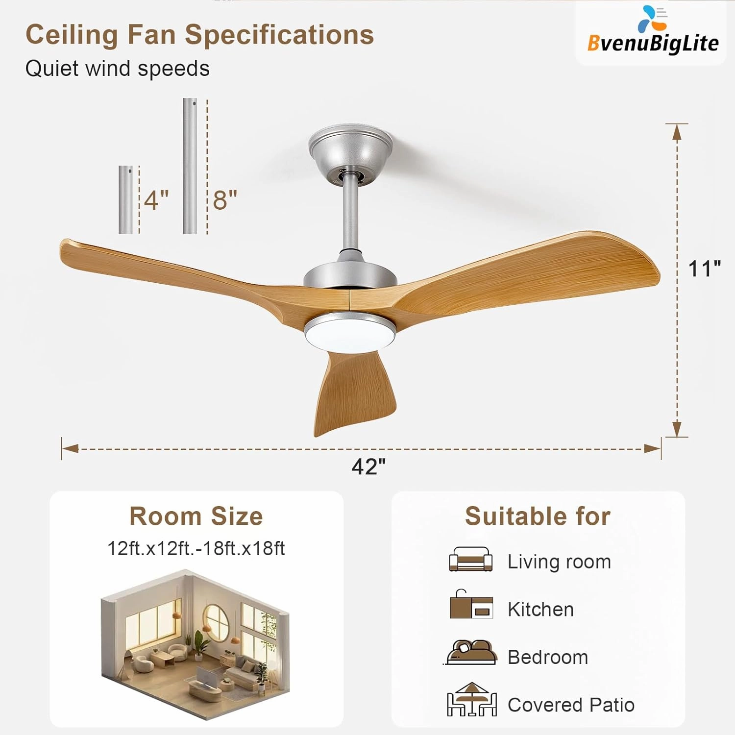 Ceiling Fans with Lights and Remote: 42-Inch Ceiling Fan 3 Blades Low Profile Outdoor - Modern Ceiling Fans with Remote APP Control Quiet Reversible DC Motor for Patio Living Room