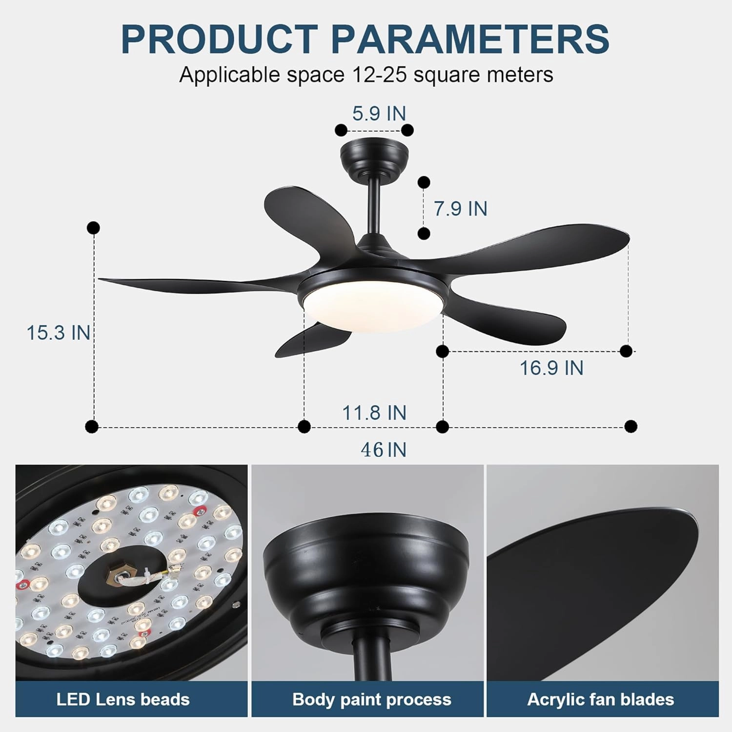 Ceiling Fans with Lights and Remote, 46 Inch Black Ceiling Fan for Bedroom with 5 Reversible Blades, Modern Ceiling Fan Noiseless Reversible DC Motor, 6 Speeds, Timing