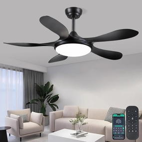Ceiling Fans with Lights and Remote, 46 Inch Black Ceiling Fan for Bedroom with 5 Reversible Blades, Modern Ceiling Fan Noiseless Reversible DC Motor, 6 Speeds, Timing App-controlled remote fan for convenience