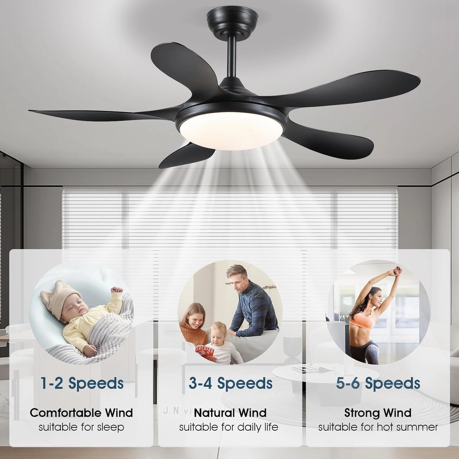 Ceiling Fans with Lights and Remote, 46 Inch Black Ceiling Fan for Bedroom with 5 Reversible Blades, Modern Ceiling Fan Noiseless Reversible DC Motor, 6 Speeds, Timing