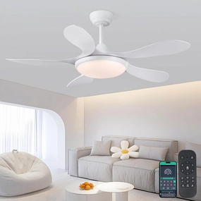Ceiling Fans with Lights and Remote, 46 Inch White Ceiling Fan for Bedroom with 5 Reversible Blades, Modern Ceiling Fan Noiseless Reversible DC Motor, 6 Speeds, Timing App-controlled remote fan for convenience