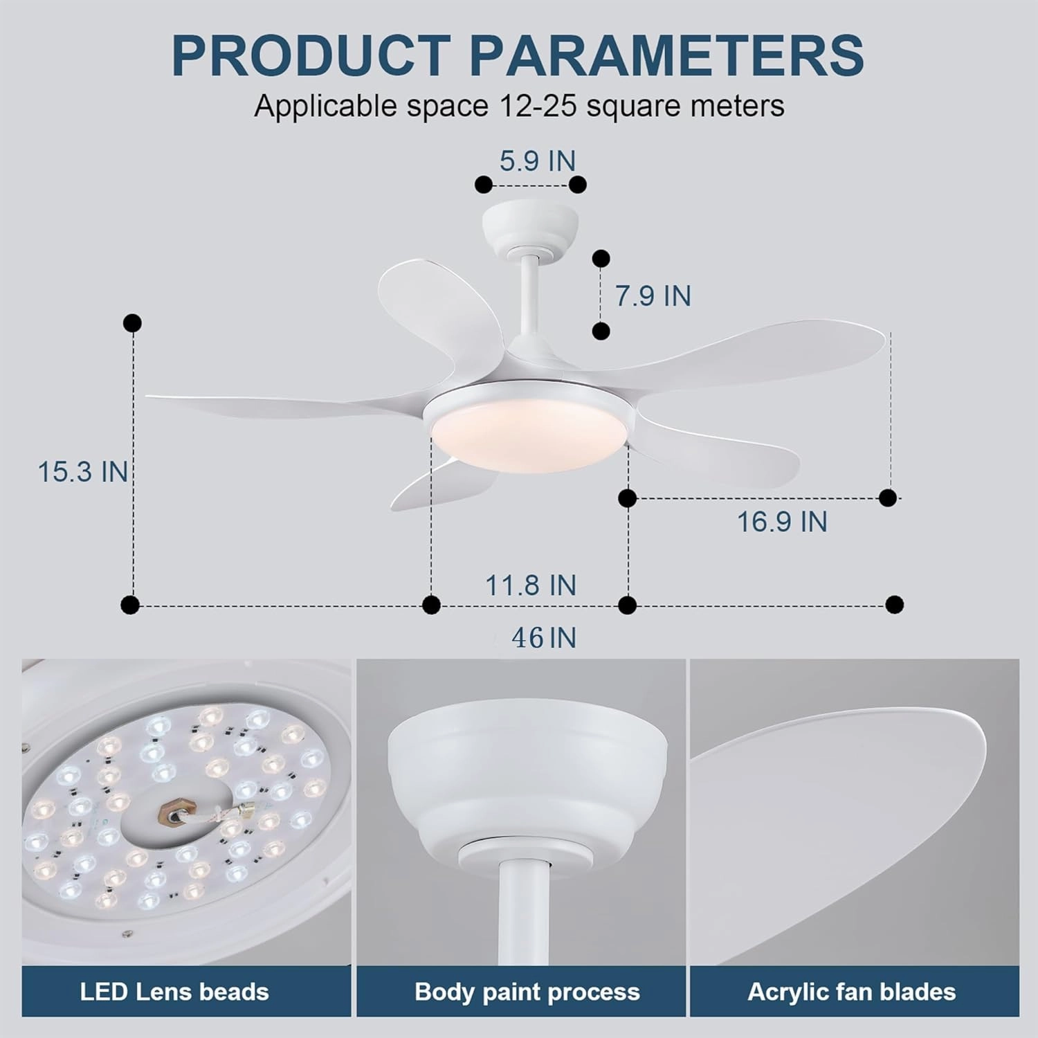 Ceiling Fans with Lights and Remote, 46 Inch White Ceiling Fan for Bedroom with 5 Reversible Blades, Modern Ceiling Fan Noiseless Reversible DC Motor, 6 Speeds, Timing