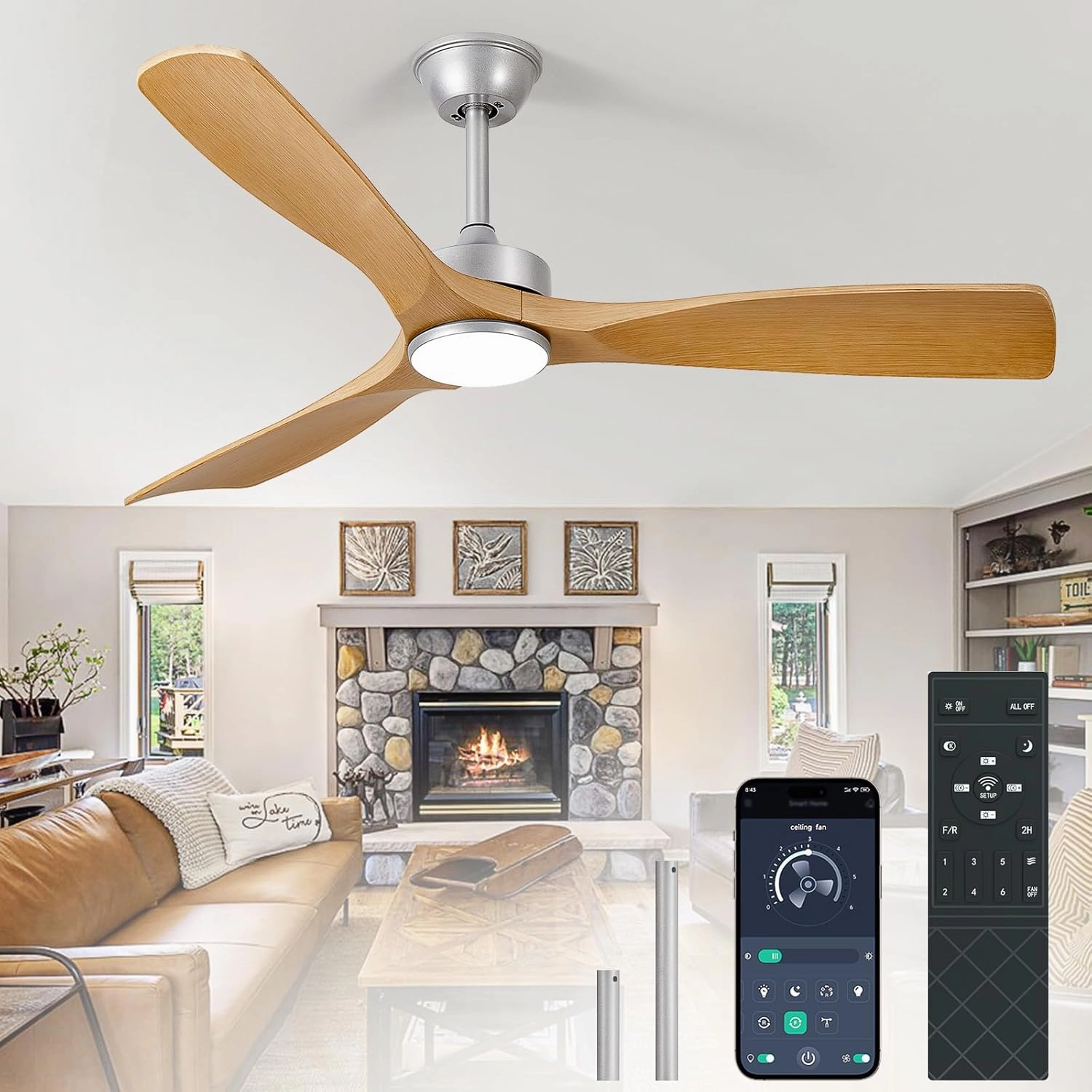 Ceiling Fans with Lights and Remote: 52-Inch Ceiling Fan 3 Blades Low Profile Outdoor - Modern Ceiling Fans with Remote APP Control Quiet Reversible DC Motor for Patio Living Room App-controlled remote fan for convenience