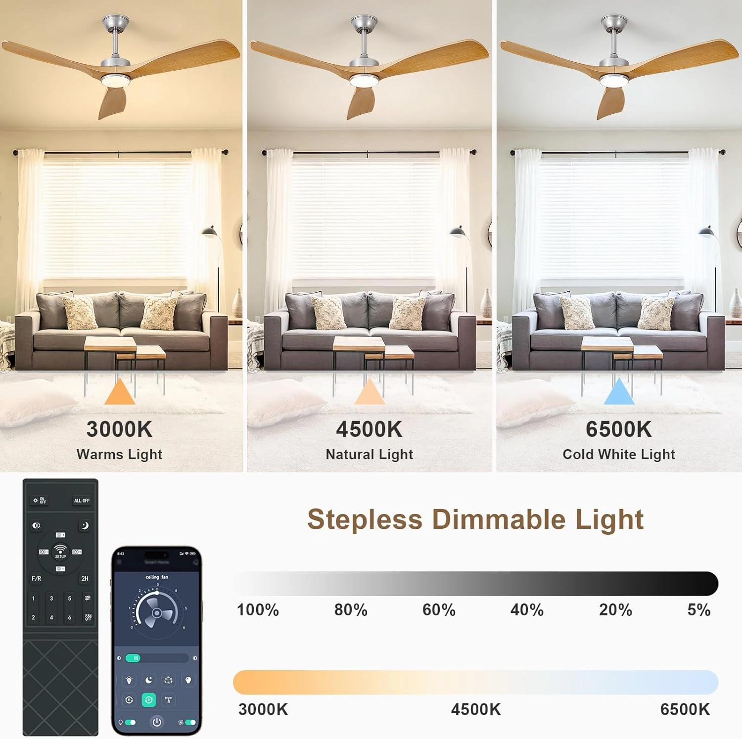 Ceiling Fans with Lights and Remote: 52-Inch Ceiling Fan 3 Blades Low Profile Outdoor - Modern Ceiling Fans with Remote APP Control Quiet Reversible DC Motor for Patio Living Room