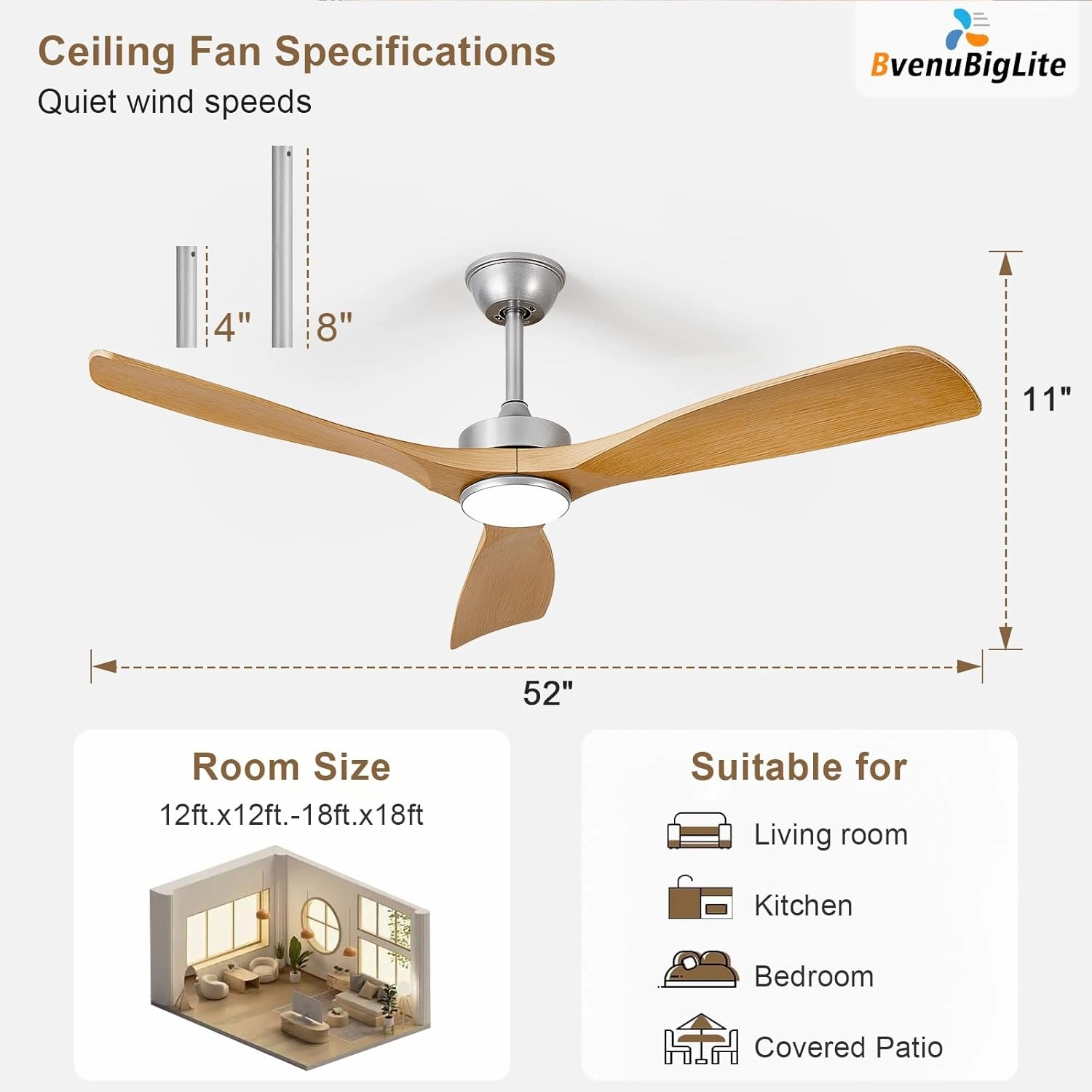 Ceiling Fans with Lights and Remote: 52-Inch Ceiling Fan 3 Blades Low Profile Outdoor - Modern Ceiling Fans with Remote APP Control Quiet Reversible DC Motor for Patio Living Room