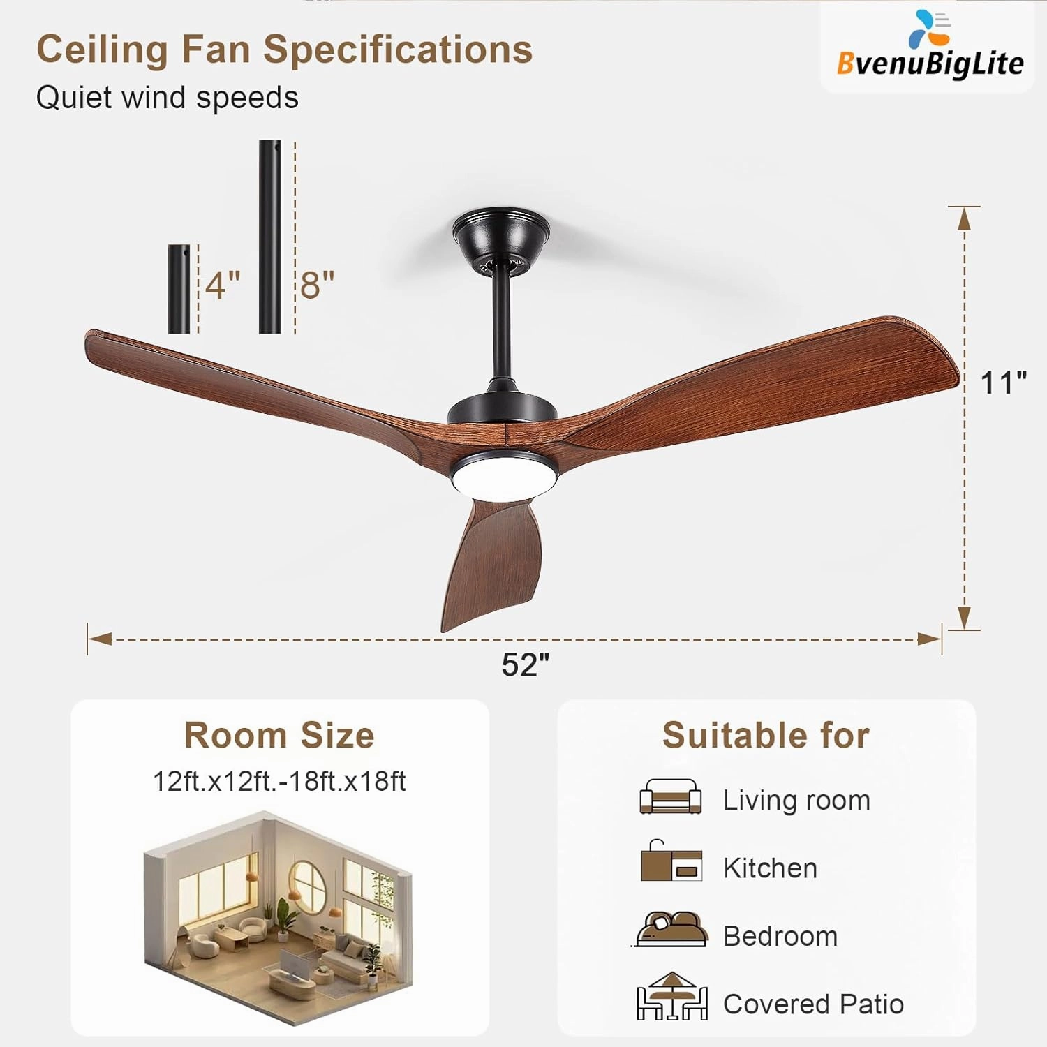 Ceiling Fans with Lights and Remote: 52-Inch Ceiling Fan 3 Blades Low Profile Outdoor - Walnut Ceiling Fans with Remote APP Control Quiet Reversible DC Motor for Patio Living Room