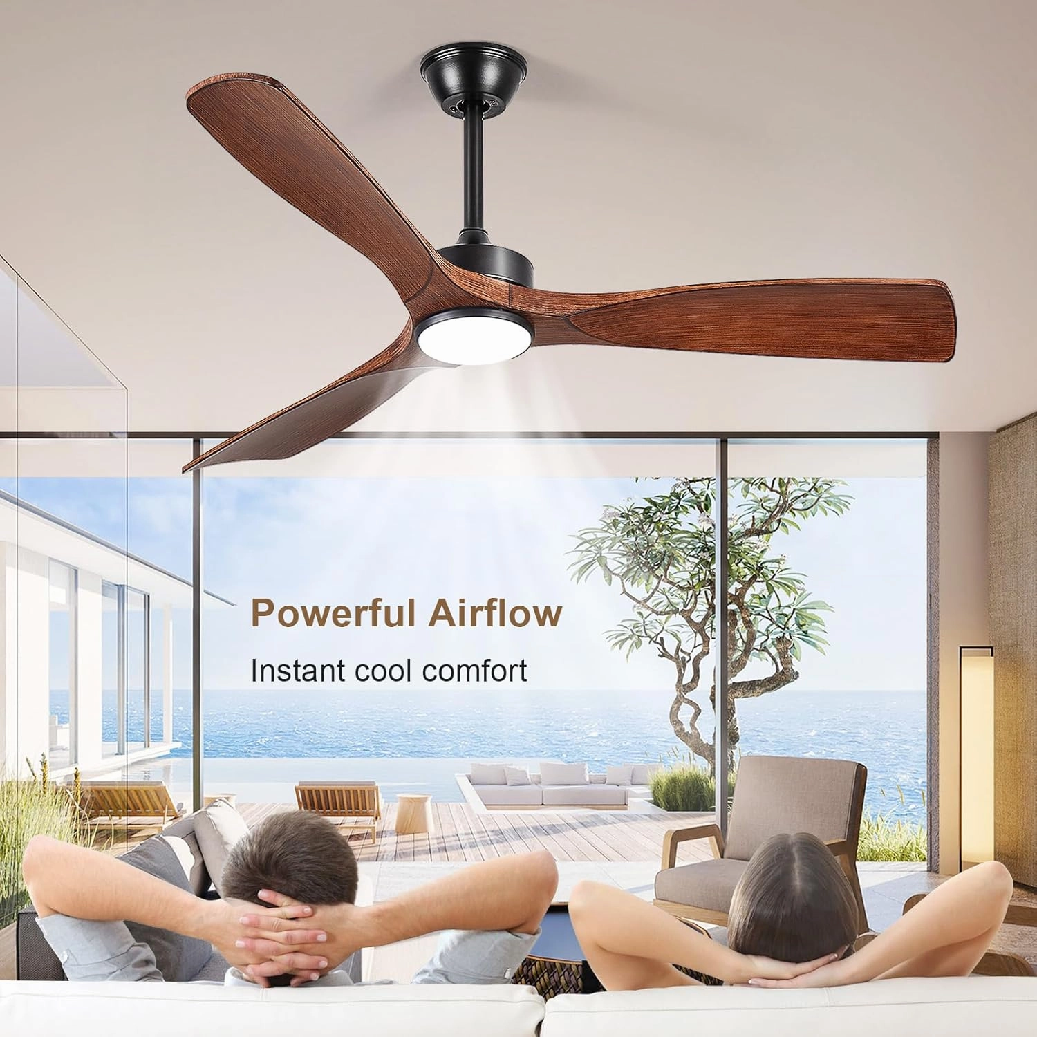 Ceiling Fans with Lights and Remote: 52-Inch Ceiling Fan 3 Blades Low Profile Outdoor - Walnut Ceiling Fans with Remote APP Control Quiet Reversible DC Motor for Patio Living Room