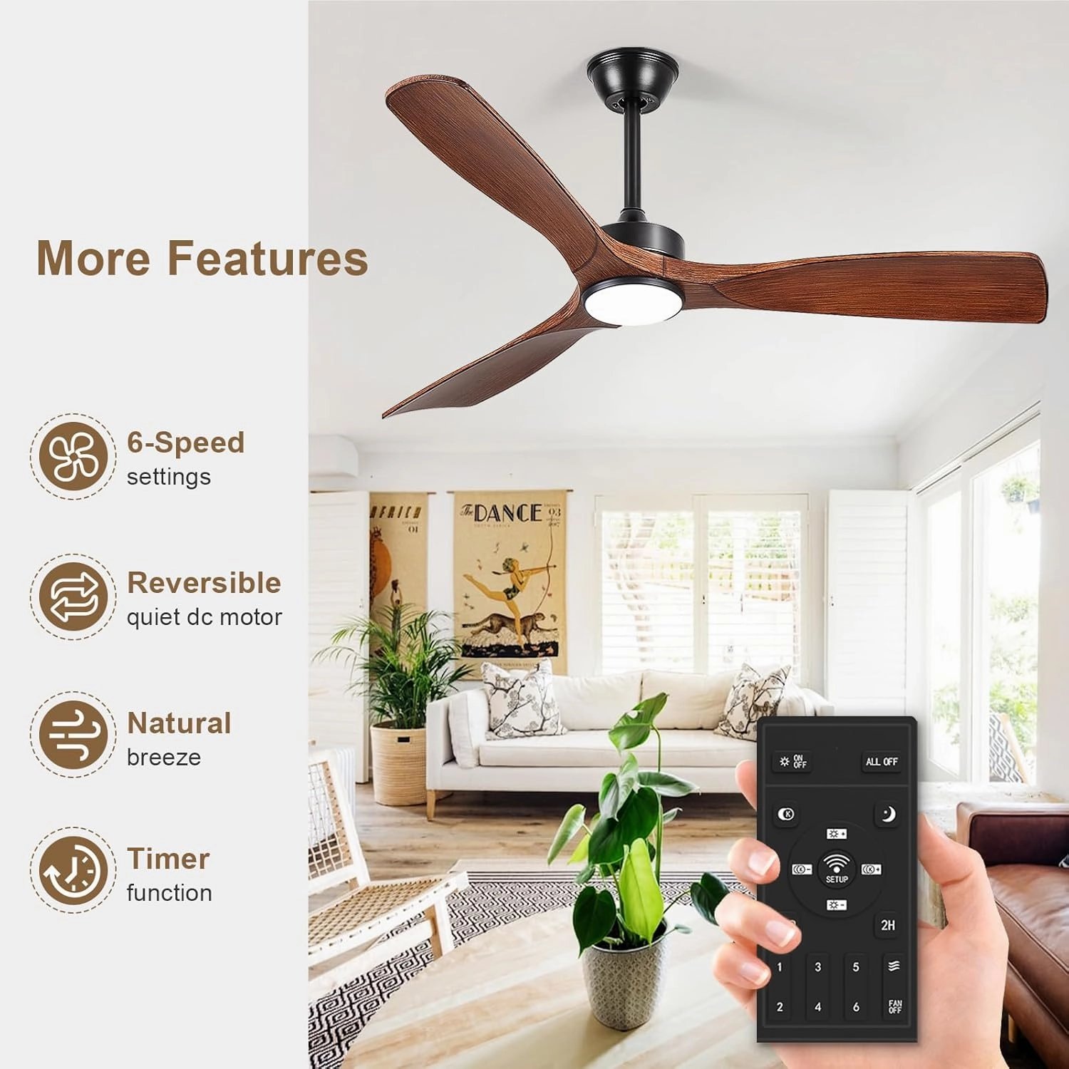 Ceiling Fans with Lights and Remote: 52-Inch Ceiling Fan 3 Blades Low Profile Outdoor - Walnut Ceiling Fans with Remote APP Control Quiet Reversible DC Motor for Patio Living Room