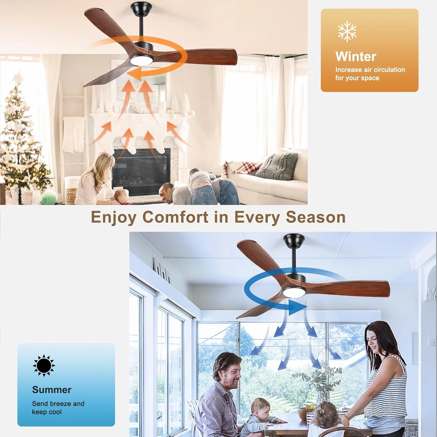 Ceiling Fans with Lights and Remote: 52-Inch Ceiling Fan 3 Blades Low Profile Outdoor - Walnut Ceiling Fans with Remote APP Control Quiet Reversible DC Motor for Patio Living Room