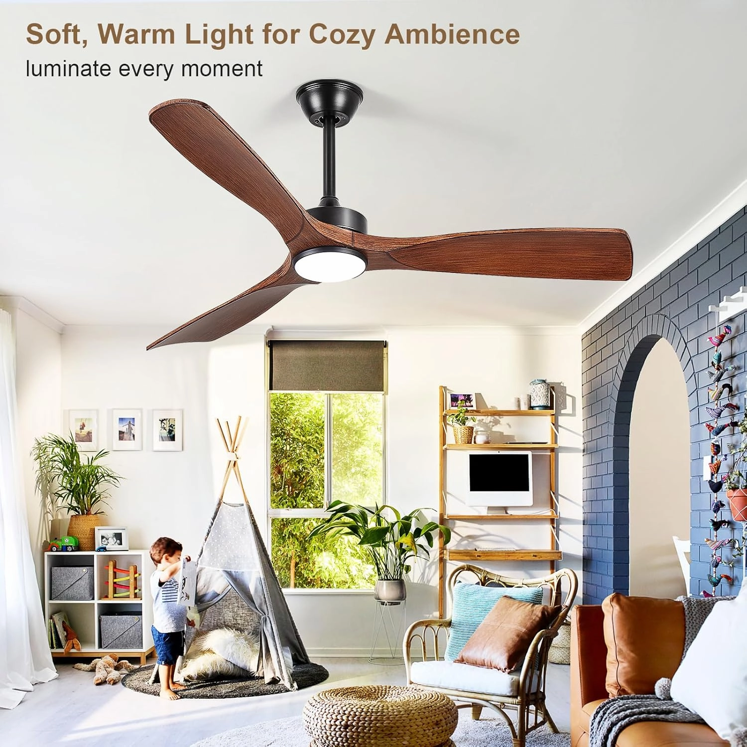 Ceiling Fans with Lights and Remote: 52-Inch Ceiling Fan 3 Blades Low Profile Outdoor - Walnut Ceiling Fans with Remote APP Control Quiet Reversible DC Motor for Patio Living Room