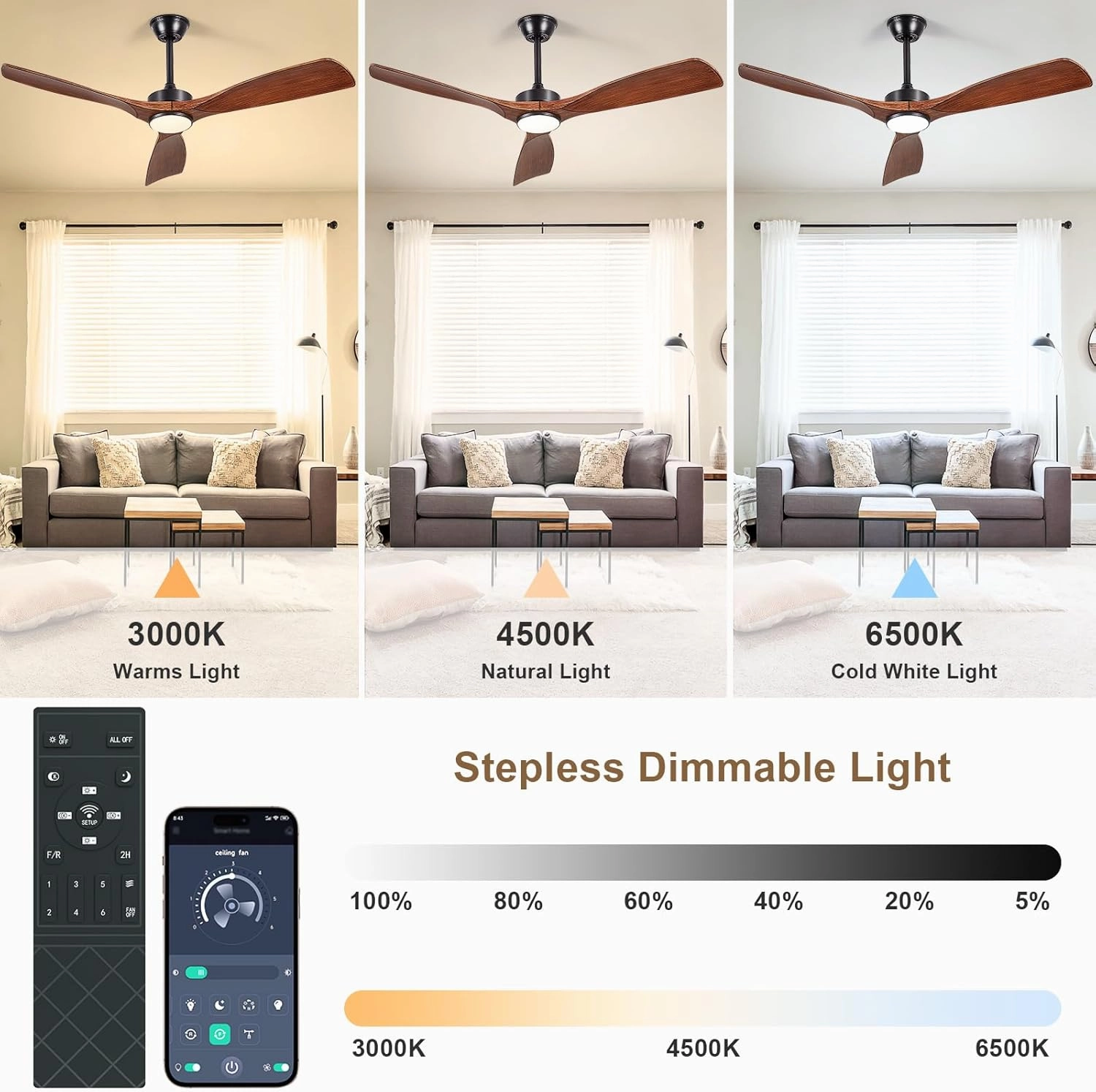 Ceiling Fans with Lights and Remote: 52-Inch Ceiling Fan 3 Blades Low Profile Outdoor - Walnut Ceiling Fans with Remote APP Control Quiet Reversible DC Motor for Patio Living Room