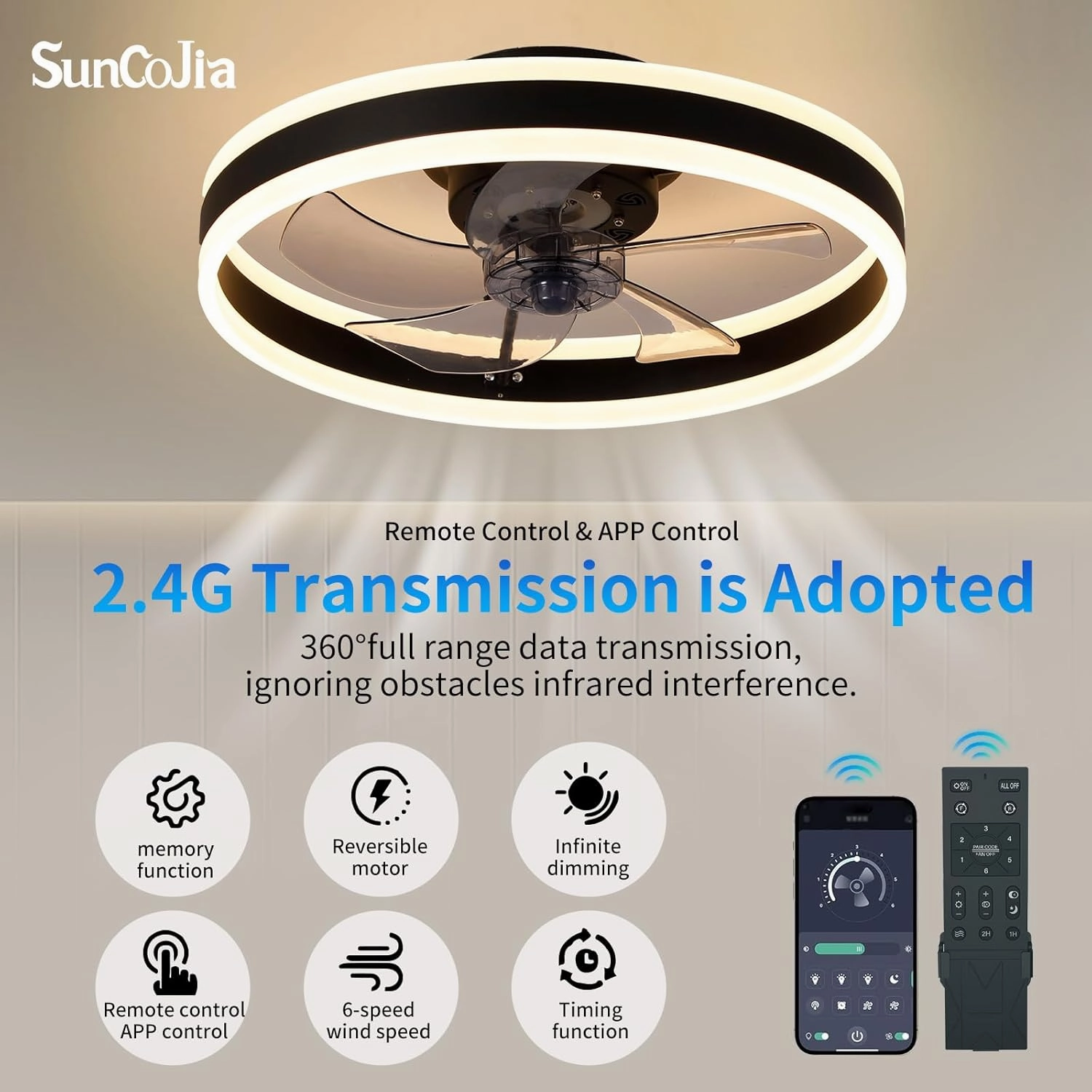 Ceiling Fans with Lights and Remote - Dimmable LED (3000-6000K), 20in Modern Flush Mount Bladeless Fandelier, Low Profile Ceiling Fan Light Easy Installation for Bedroom, Kitchen, Living Room - Black