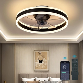 Ceiling Fans with Lights and Remote - Dimmable LED (3000-6000K), 20in Modern Flush Mount Bladeless Fandelier, Low Profile Ceiling Fan Light Easy Installation for Bedroom, Kitchen, Living Room - Black App-controlled remote fan for convenience