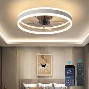 Ceiling Fans with Lights and Remote - Dimmable LED (3000-6000K), 20in Modern Flush Mount Bladeless Fandelier, Low Profile Ceiling Fan Light Easy Installation for Bedroom, Kitchen, Living Room - White App-controlled remote fan for convenience