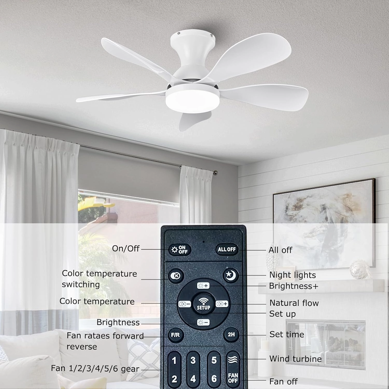 Ceiling Fans with Lights and Remote/APP Control, 33 Inch Low Profile Flush Mount Ceiling Fan with 3 Colors Dimmable LED, Reversible 6 Speeds DC Motor for Outdoor Patio, Kids Room, Bedroom White