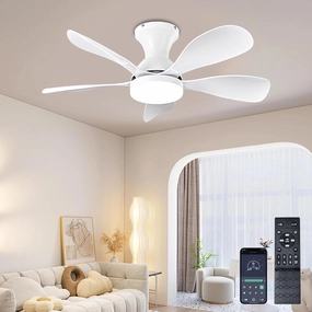 Ceiling Fans with Lights and Remote/APP Control, 33 Inch Low Profile Flush Mount Ceiling Fan with 3 Colors Dimmable LED, Reversible 6 Speeds DC Motor for Outdoor Patio, Kids Room, Bedroom White App-controlled remote fan for convenience