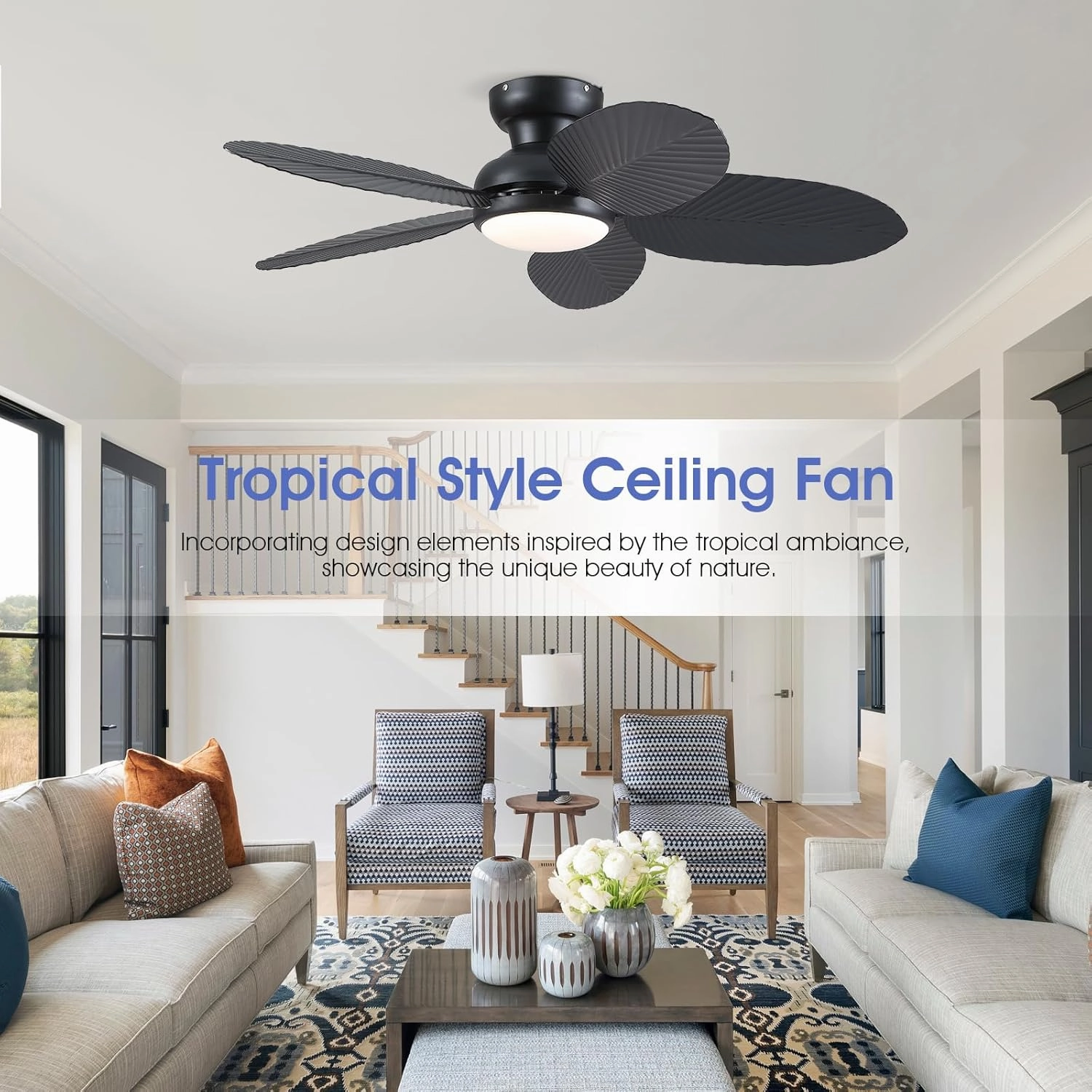 Ceiling Fans with Lights and Remote/APP Control, 45 Inch Low Profile Tropical Ceiling Fan for Living Room Bedroom, Outdoor Flush Mount Palm Leaf Ceiling Fan for Patios Porch, Black