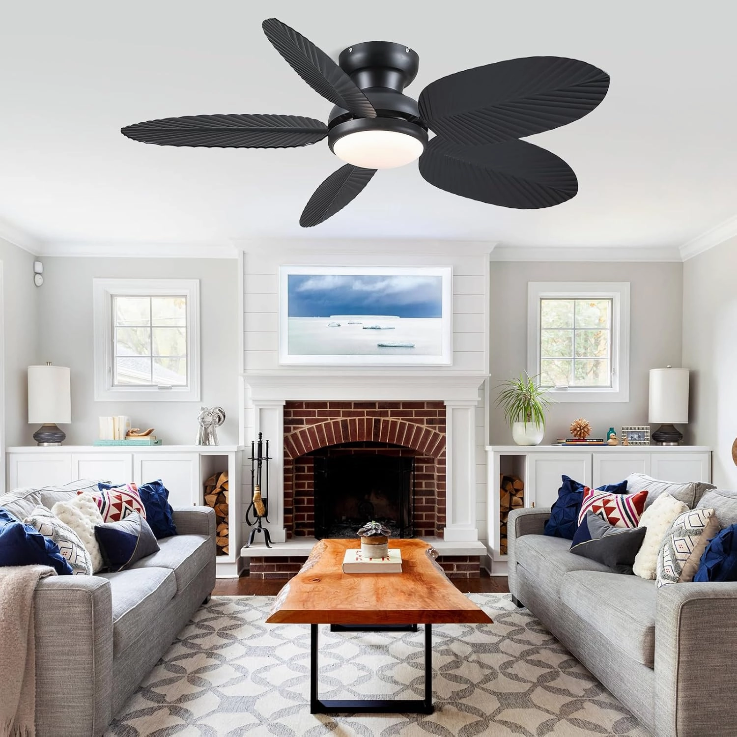 Ceiling Fans with Lights and Remote/APP Control, 45 Inch Low Profile Tropical Ceiling Fan for Living Room Bedroom, Outdoor Flush Mount Palm Leaf Ceiling Fan for Patios Porch, Black