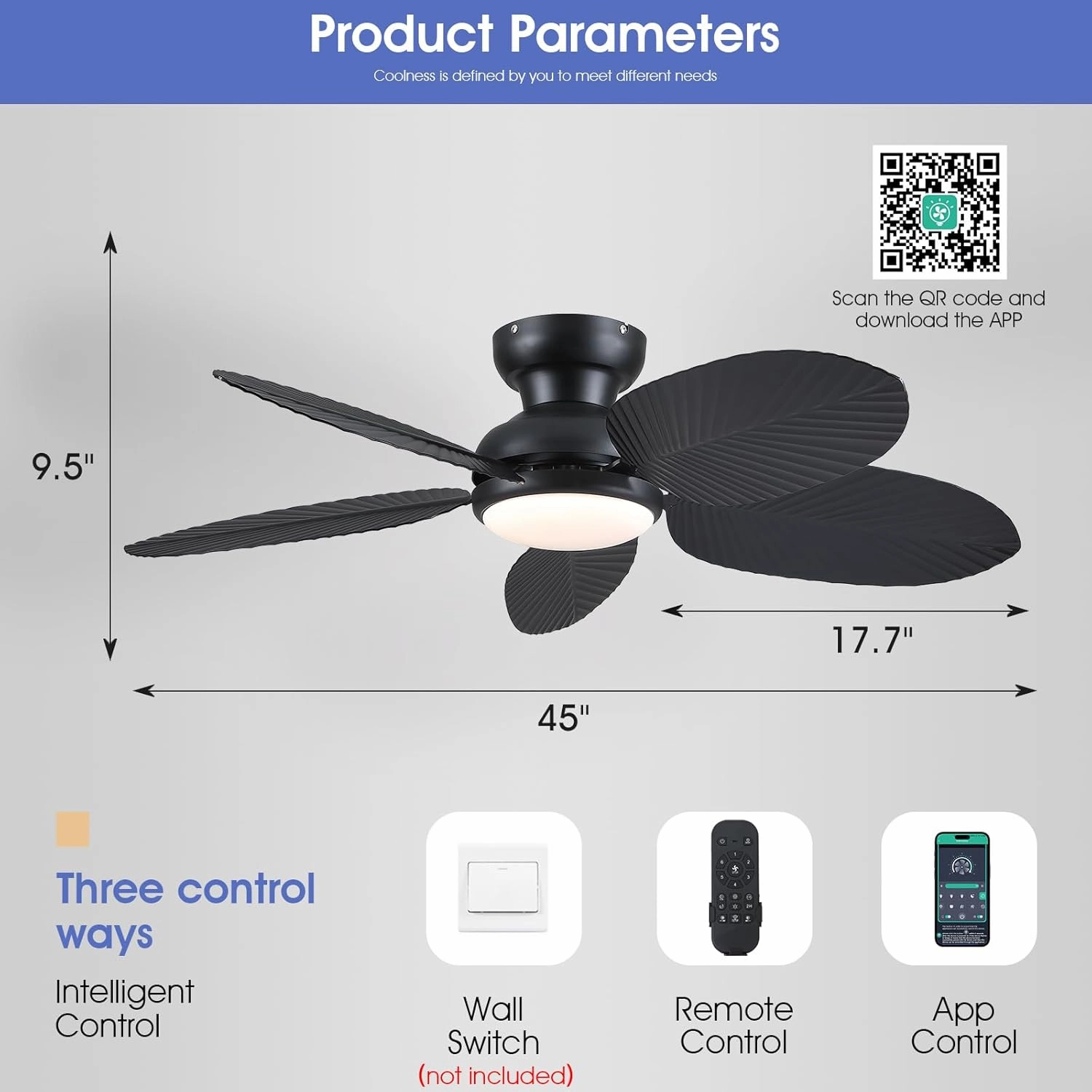 Ceiling Fans with Lights and Remote/APP Control, 45 Inch Low Profile Tropical Ceiling Fan for Living Room Bedroom, Outdoor Flush Mount Palm Leaf Ceiling Fan for Patios Porch, Black